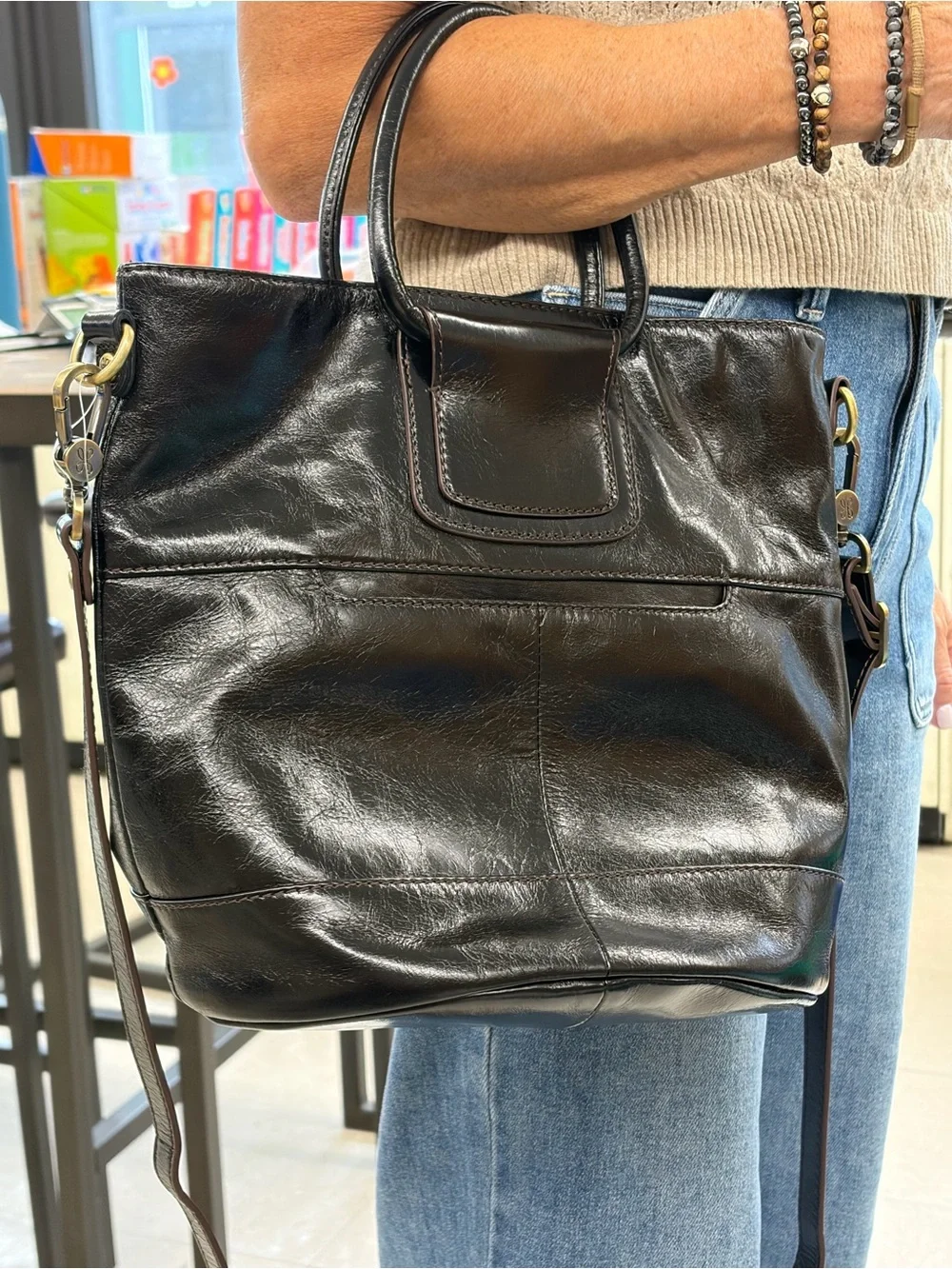 HOBO Maggie Satchel/Crossbody Polished Black Leather And Sleek Handles